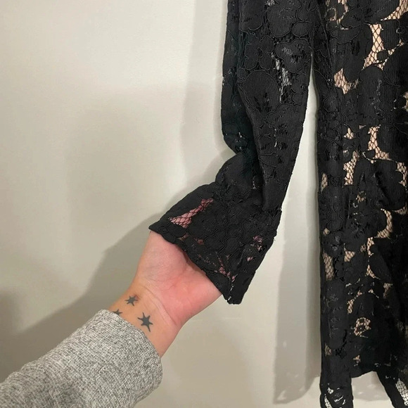 Wayf Black Lace Long Bell Sleeve Mini Shift Dress with Nude Lining - Picture 5 of 10